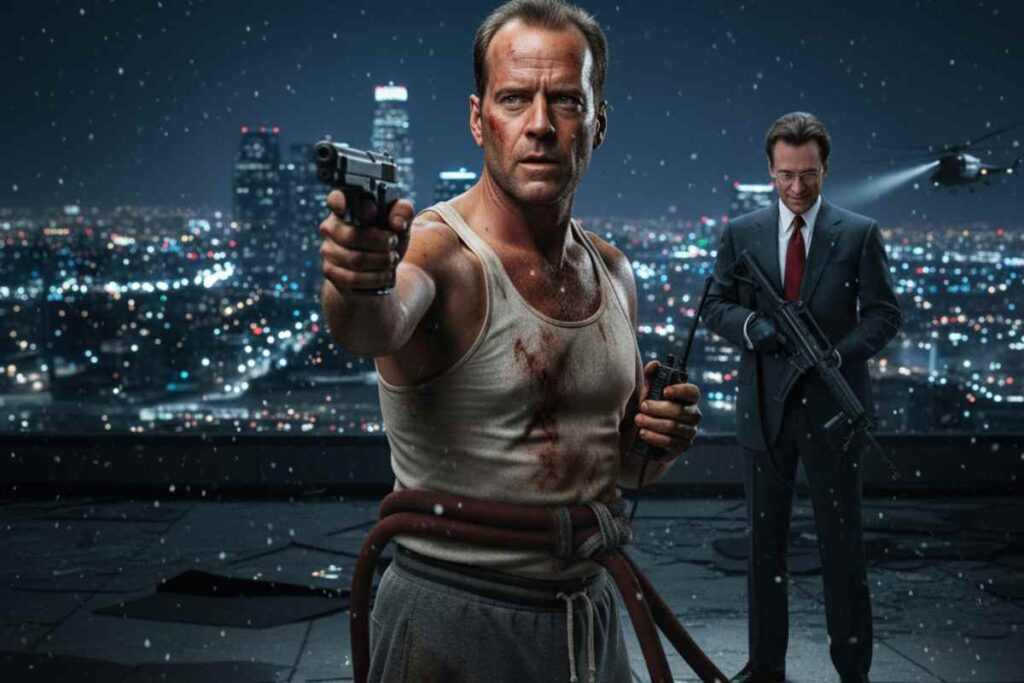 Bruce Willis no papel que Duro de matar um homem comum enfrentando terroristas em um arranha-céu.