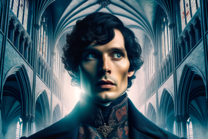 Pôster promocional de Bridgerton 4ª temporada com Benedict em cenário de catedral gótica dramática.