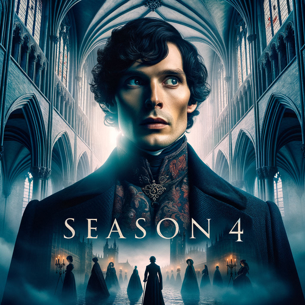 Pôster promocional de Bridgerton 4ª temporada com Benedict em cenário de catedral gótica dramática.