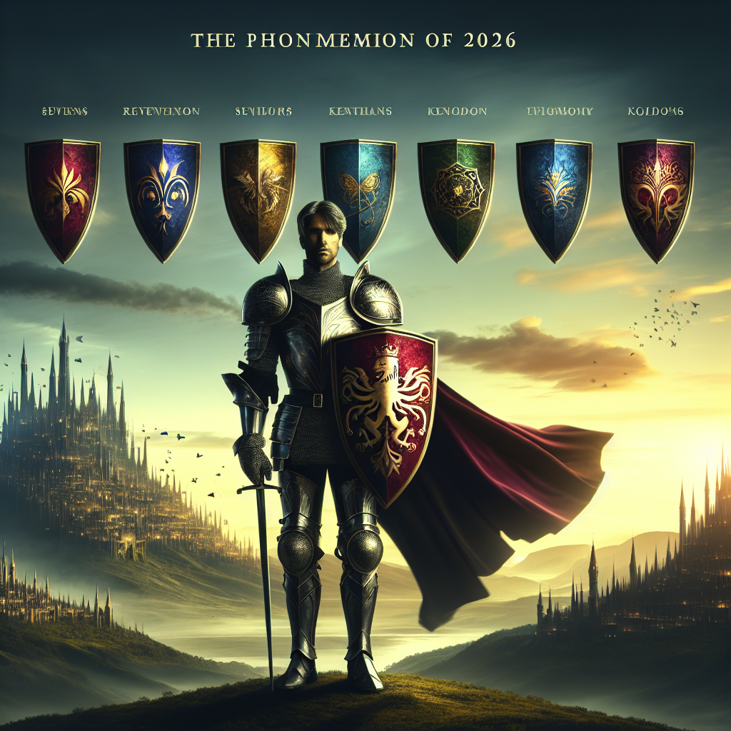 Medieval knight with sword and shield stands before a fantasy kingdom with heraldic banners, symbolizing "O Cavaleiro dos Set