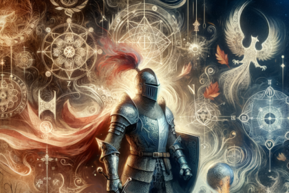 Medieval knight in armor surrounded by glowing mystical symbols and magical elements in fantasy setting.