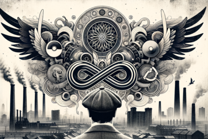 Homem diante de fábricas com asas mecânicas no céu, arte inspirada em Peaky Blinders O Homem Imortal