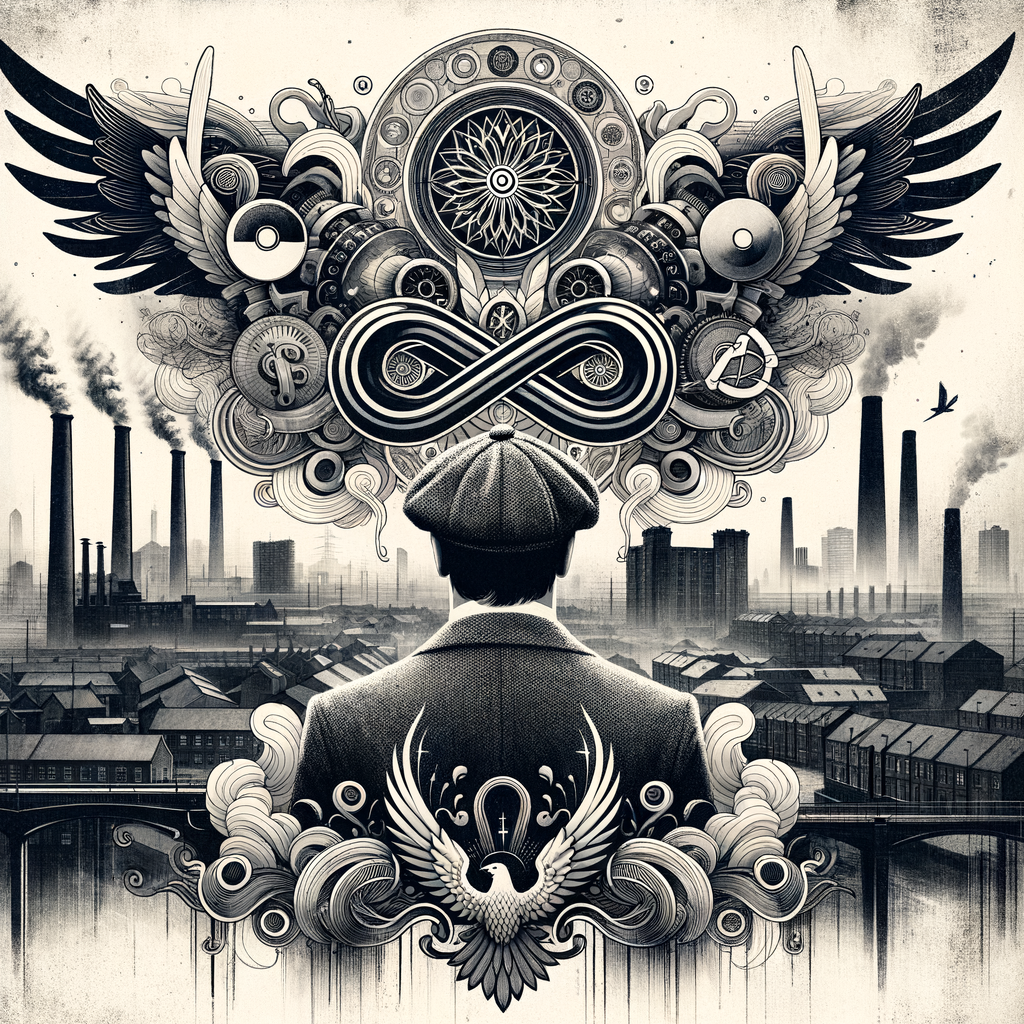 Homem diante de fábricas com asas mecânicas no céu, arte inspirada em Peaky Blinders O Homem Imortal