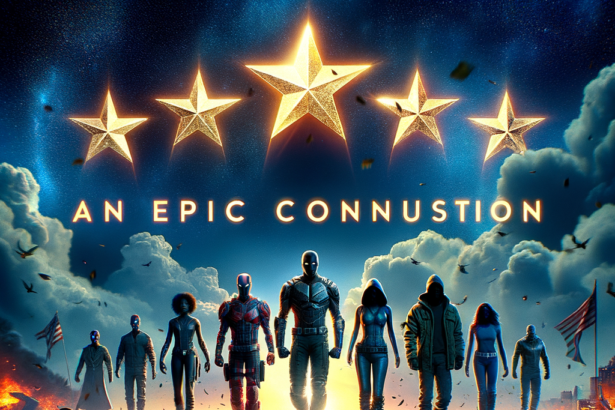 Equipe de super-heróis sob cinco estrelas brilhantes com o texto “An Epic Connustion” no topo.